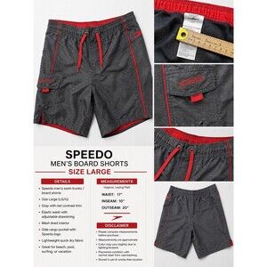 Speedo Board Short Gray Red White Accent Pockets Swim Trunks Men Sz L Drawstring